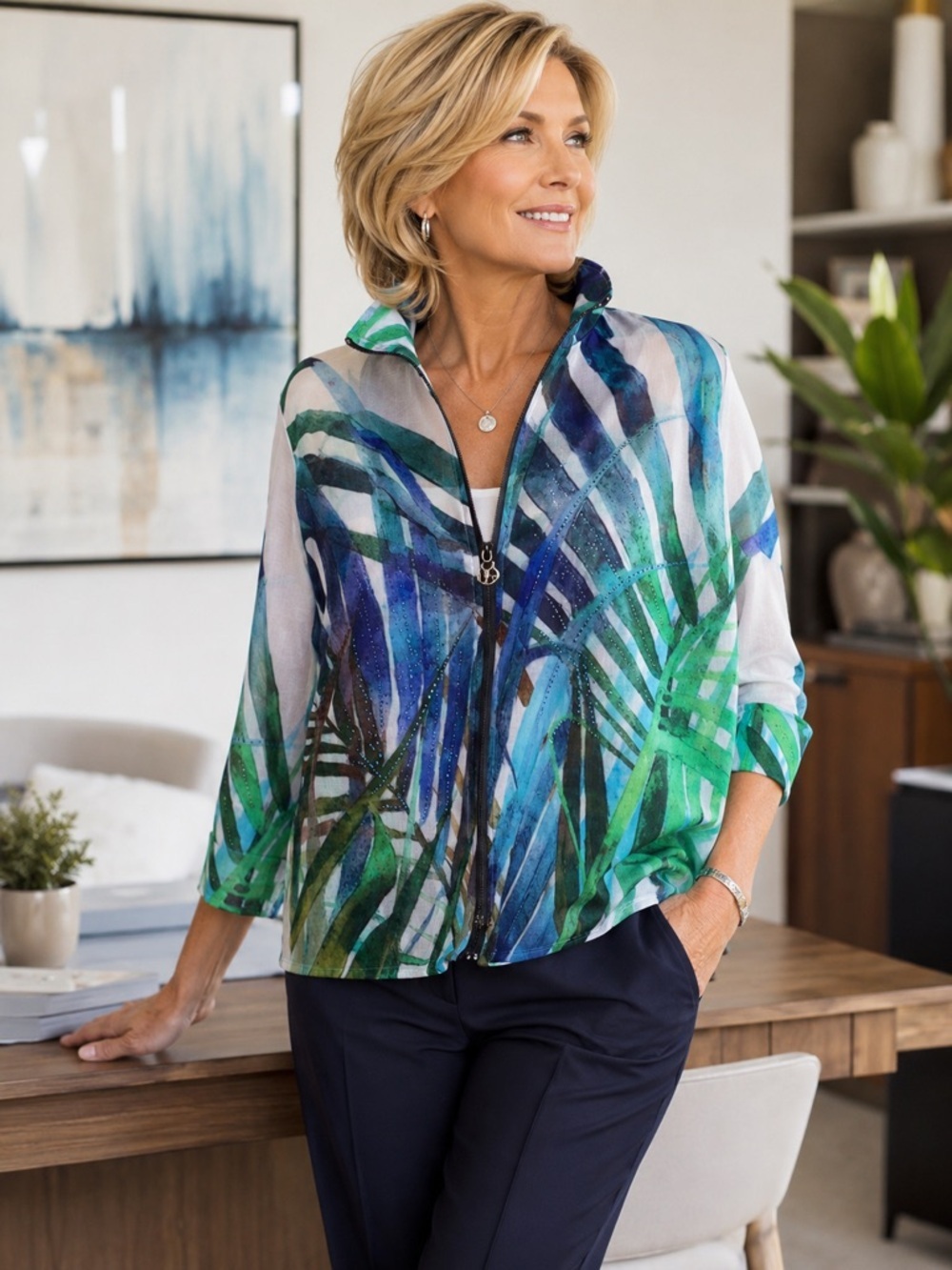 Valentina Womens XL Mesh Jacket Blue Green Tropical Print Sheer Lightweight